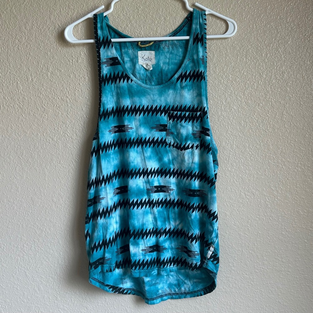 Teal Tie Dye Southwestern Geometric Print Cotton Tank Top Scoop Neck‎ Sleeveless